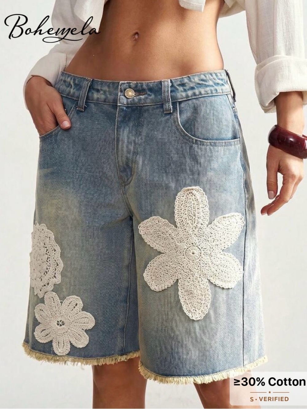 NWOT Light Blue Denim Crochet Appliqué Bermuda Shorts, Size